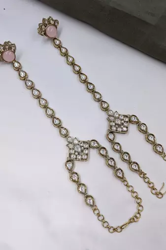Pink stone & agate stone haath phool (hath panja), antique gold plated