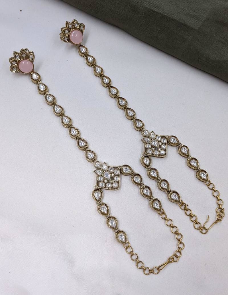 Pink stone & agate stone haath phool (hath panja), antique gold plated