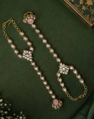Pink stone & agate stone haath phool (hath panja), antique gold plated 2