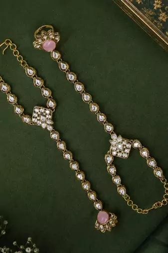 Pink stone & agate stone haath phool (hath panja), antique gold plated
