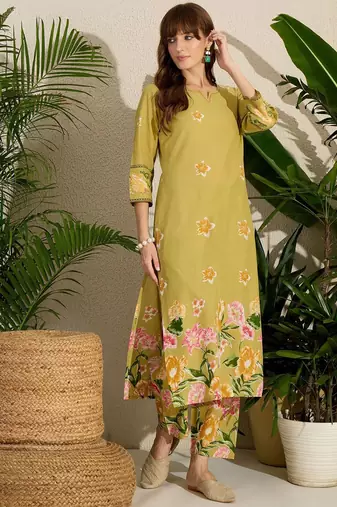 Floral Printed Sequinned  Cotton Kurta with Trousers