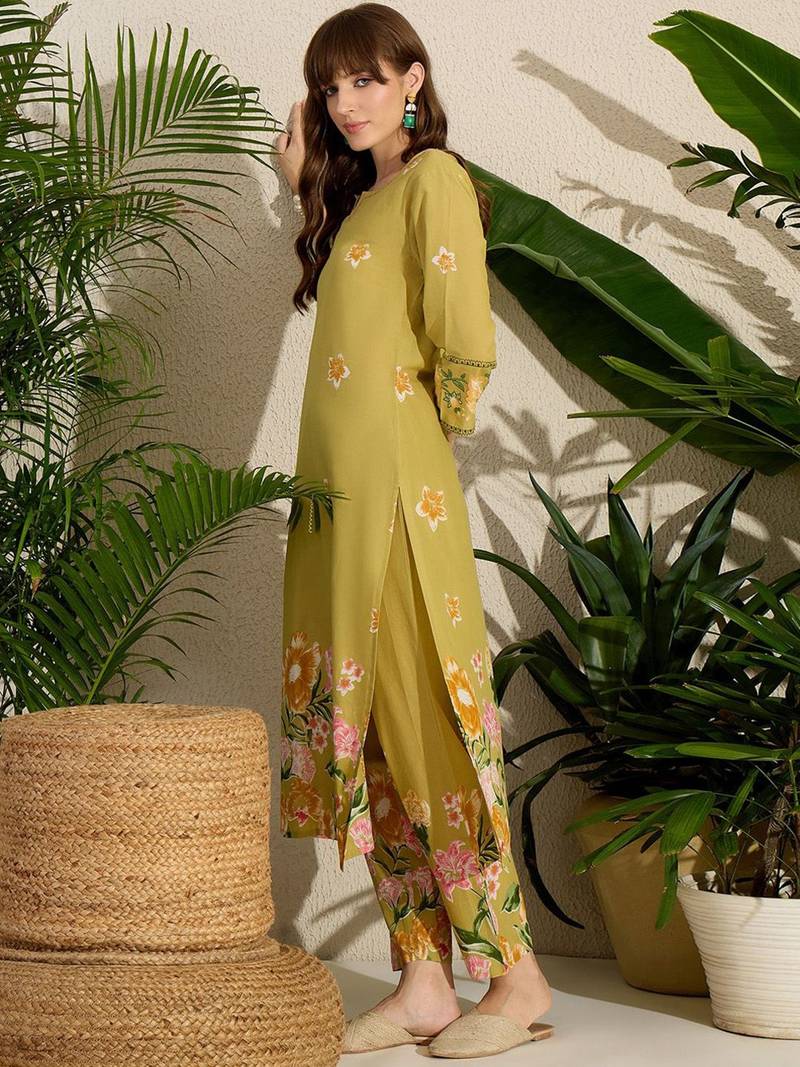 Floral Printed Sequinned  Cotton Kurta with Trousers