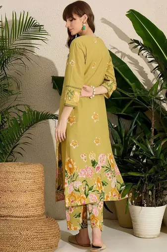 Floral Printed Sequinned  Cotton Kurta with Trousers