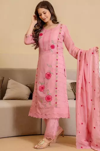 Women Floral Embroidered Straight Kurta with Trousers & Dupatta