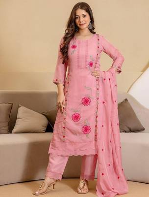 Women Floral Embroidered Straight Kurta with Trousers & Dupatta 5