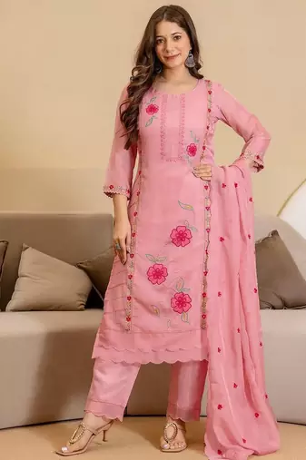 Women Floral Embroidered Straight Kurta with Trousers & Dupatta