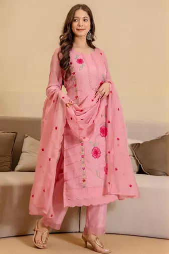 Women Floral Embroidered Straight Kurta with Trousers & Dupatta