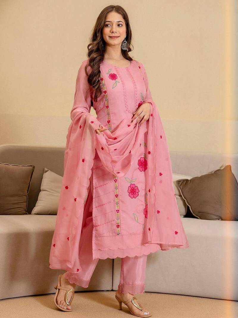 Women Floral Embroidered Straight Kurta with Trousers & Dupatta