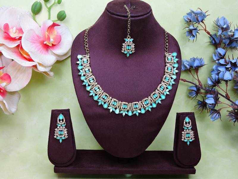 Green designer premium festive wear necklace set