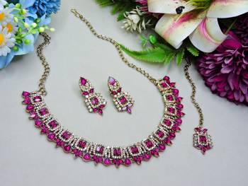 Pink designer premium festive wear necklace set 2