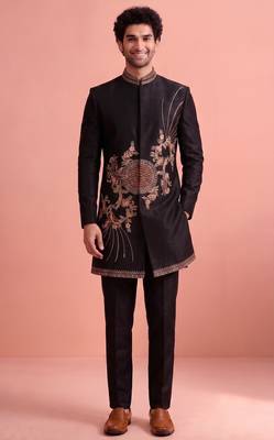Black designer embroidered indo western set for men 1