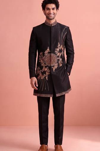 Black designer embroidered indo western set for men