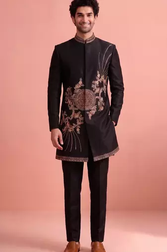 Black designer embroidered indo western set for men