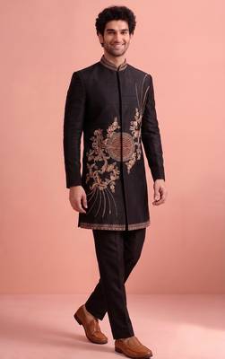 Black designer embroidered indo western set for men 2
