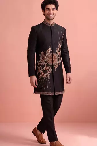Black designer embroidered indo western set for men