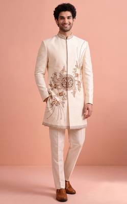 White designer embroidered indo western set for men 1