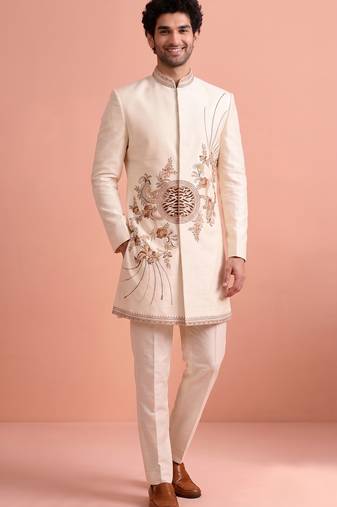 White designer embroidered indo western set for men