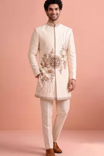 White designer embroidered indo western set for men