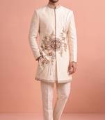 White designer embroidered indo western set for men