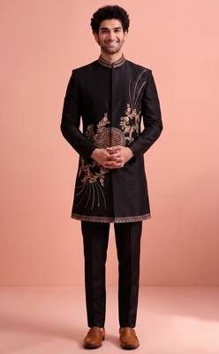 Black designer embroidered indo western set for men 3