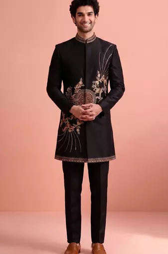 Black designer embroidered indo western set for men