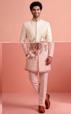 White designer embroidered indo western set for men 2