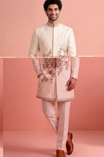 White designer embroidered indo western set for men