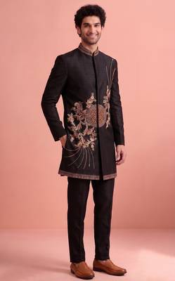 Black designer embroidered indo western set for men 4