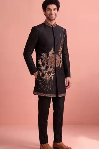 Black designer embroidered indo western set for men