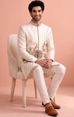 White designer embroidered indo western set for men 3
