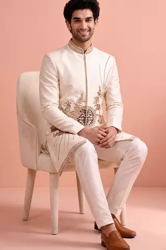 White designer embroidered indo western set for men