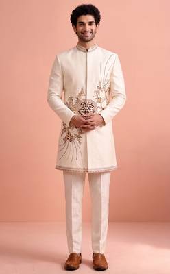 White designer embroidered indo western set for men 4