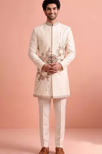 White designer embroidered indo western set for men