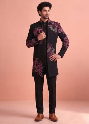Black designer embroidered indo western set for men 1