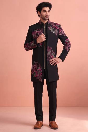 Black designer embroidered indo western set for men