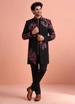 Black designer embroidered indo western set for men 2