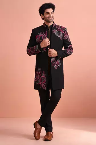 Black designer embroidered indo western set for men