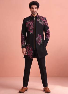 Black designer embroidered indo western set for men 3