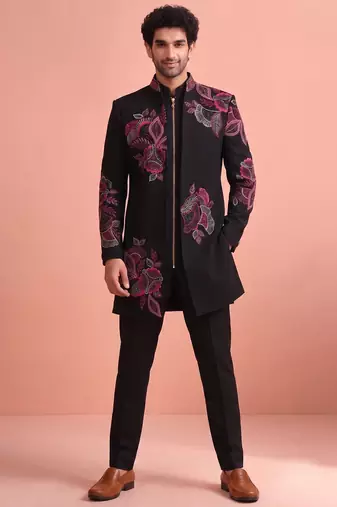 Black designer embroidered indo western set for men
