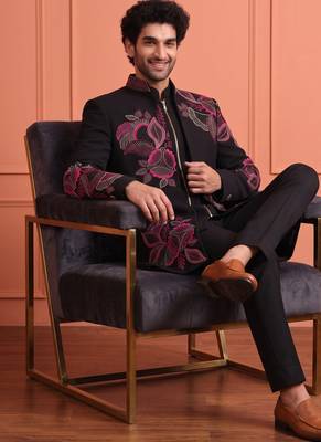 Black designer embroidered indo western set for men 4