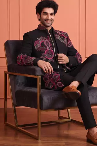 Black designer embroidered indo western set for men