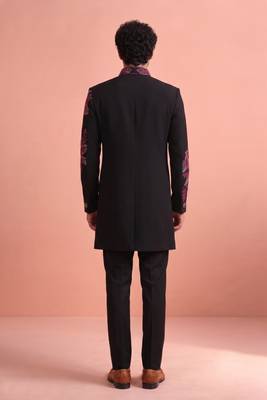 Black designer embroidered indo western set for men 5