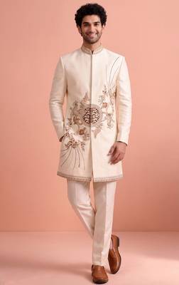 White designer embroidered indo western set for men 5