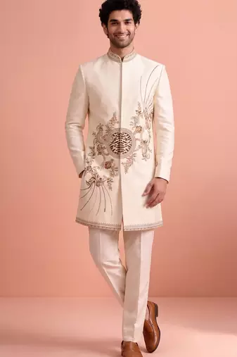 White designer embroidered indo western set for men