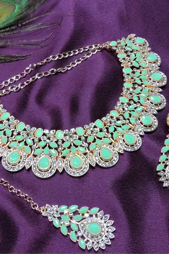 Green designer premium festive wear necklace set