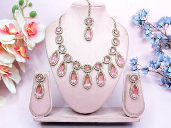 Pink designer premium festive wear necklace set 1
