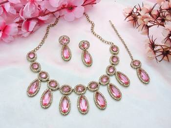 Pink designer premium festive wear necklace set 2