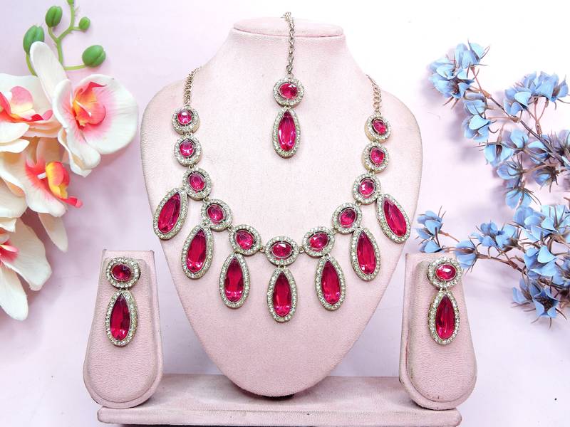 Pink designer premium festive wear necklace set