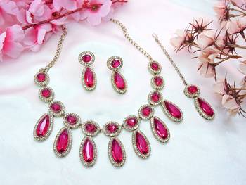 Pink designer premium festive wear necklace set 2