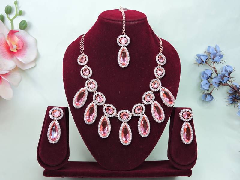 Pink designer premium festive wear necklace set